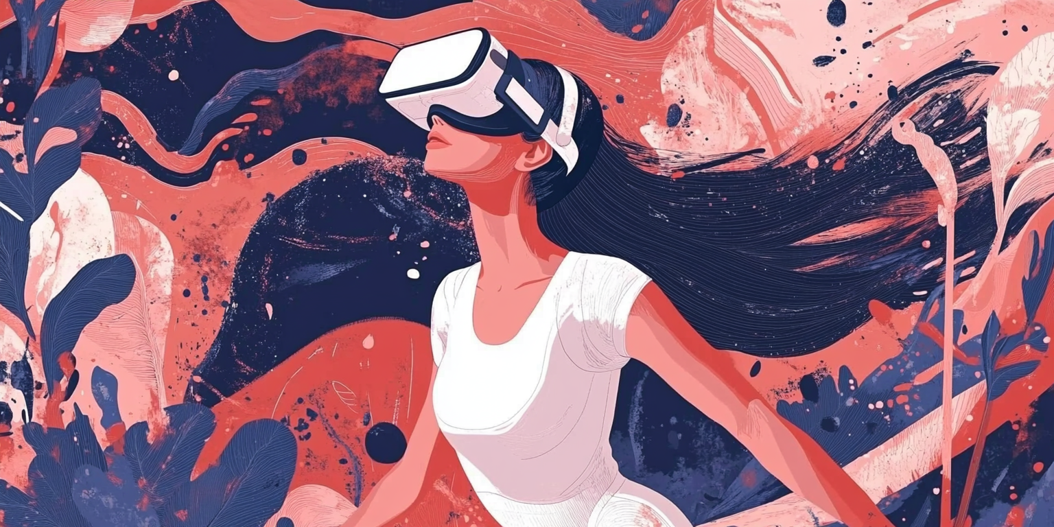 girl with VR headset walking while colorful and exiting real environment surrounds her.