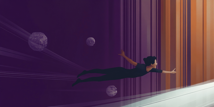 Decorative picture of a woman happily flying through data